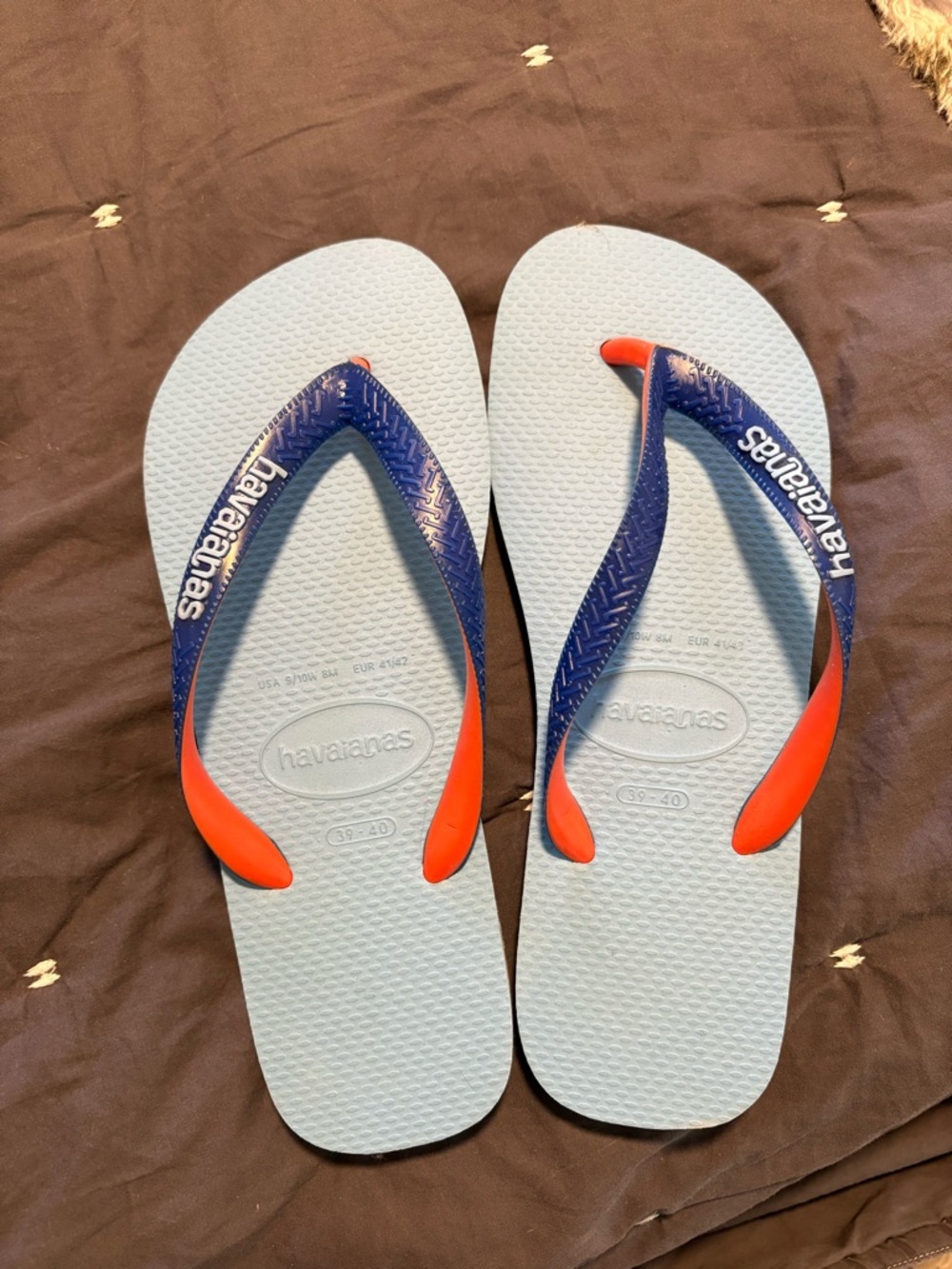 Havaianas Light Blue Flip Flops with Navy and Red Straps